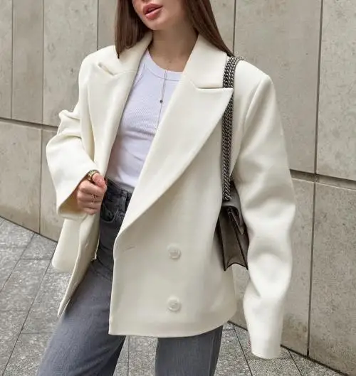 Women's Blazer 2025 Spring Autumn New Solid Color Notched Collar Long Sleeve Loose Casual Double-Breasted Blazer Coat