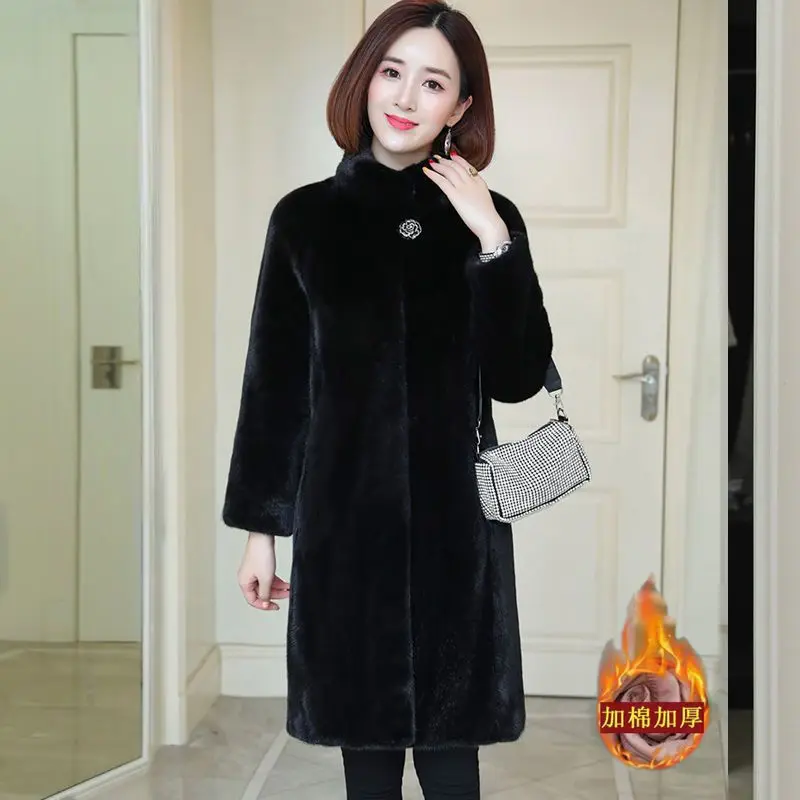 New Coat Haining Mink Fur Coat Long Style Stand Collar Thickened Medium Long Style Mink Fur Coat Mother's Outfit