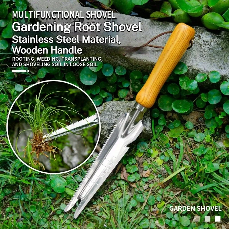 1 قطعة أدوات إزالة الأعشاب الضارة في الحديقة مجرفة بمقبض من الفولاذ المقاوم للصدأ لإزالة الأعشاب الضارة والزراعة والزراعة والحفر والقياس #1