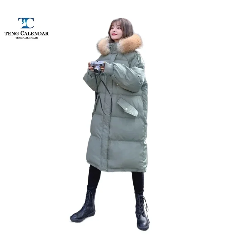 2024 women\'s winter new mid length hooded fur collar extremely cold loose warm down jacket