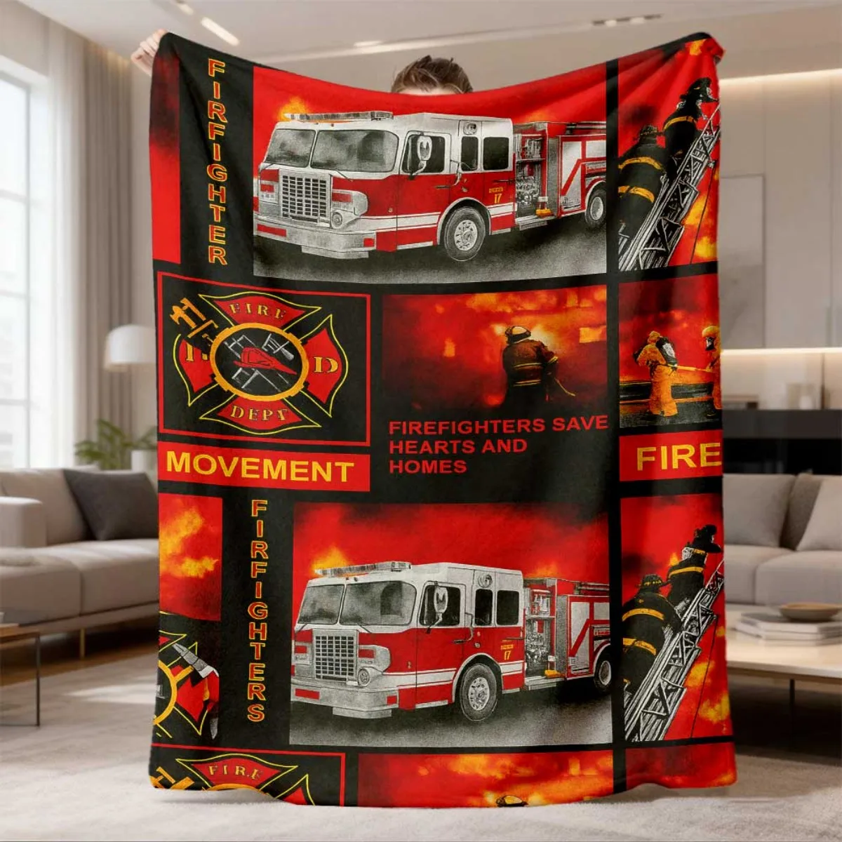 Fire Truck Firefighter Badge Quote Grid Print Red Black Base Flannel Throw Blanket, Soft Warm Sofa Cover, Fireman Fan Bedroom