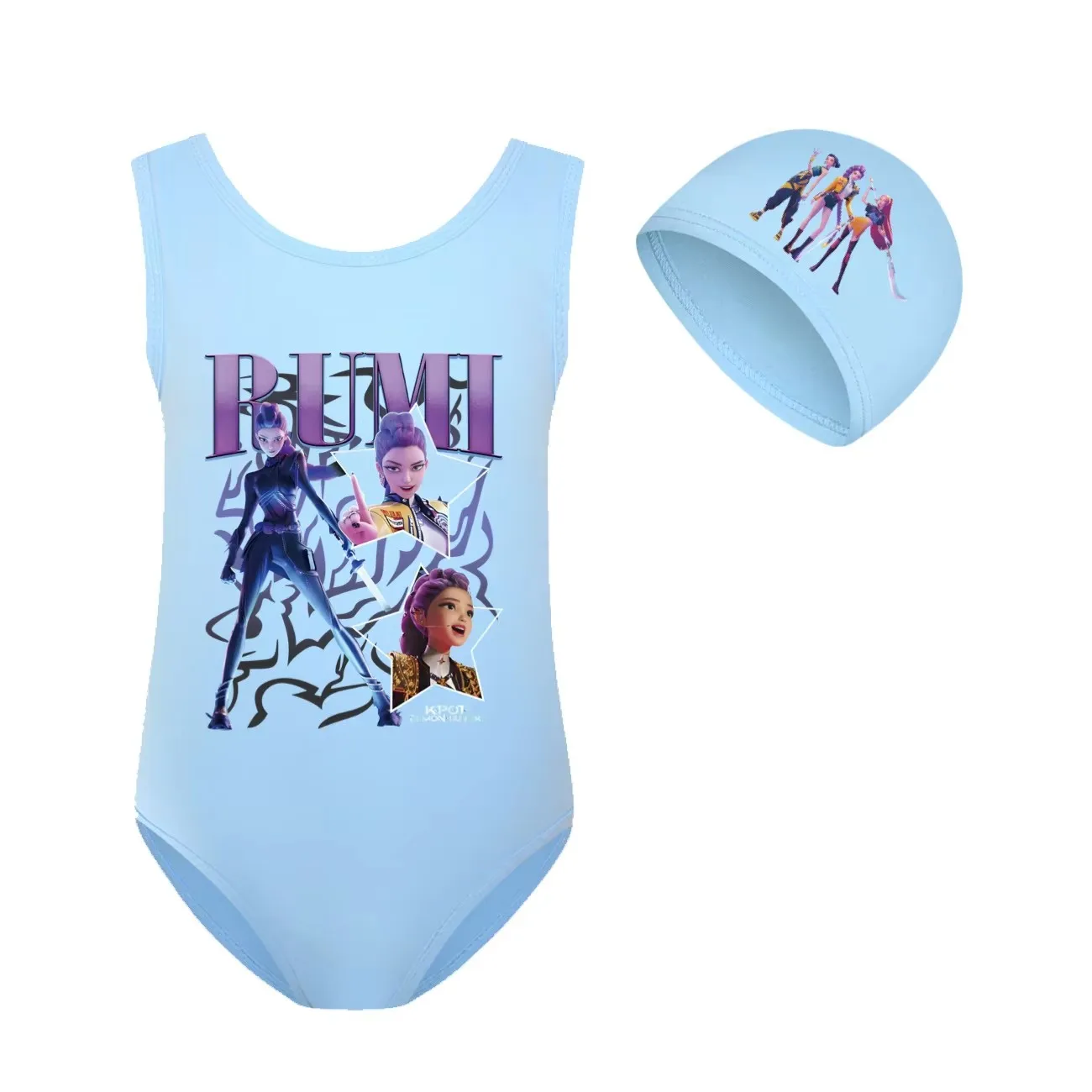 

KPop Demon Hunters Rumi Kids Toddler Girls Swimwear 2pcs Set One Piece BeachWear Swimming Suit with Cap Child Cartoon Swimsuit