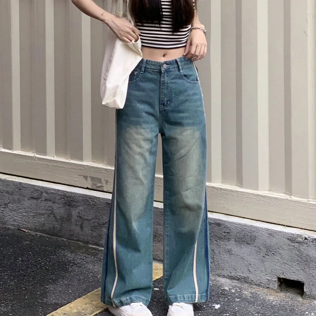 Korean Chic Design Jeans for Women 2024 Autumn and Winter New Style Small Tall Draped Wide Leg Pants