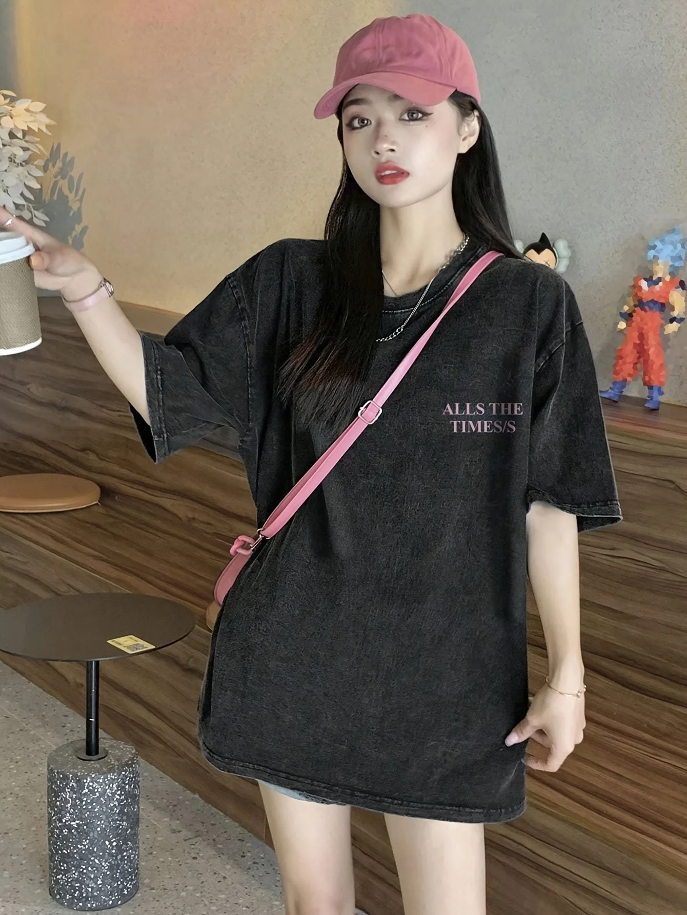 

Women Casual Cotton Washed T-Shirt Kawaii Bear Alls The Times/s Printing Tees Tops Fashion O-neck Oversize Street Female Clothes