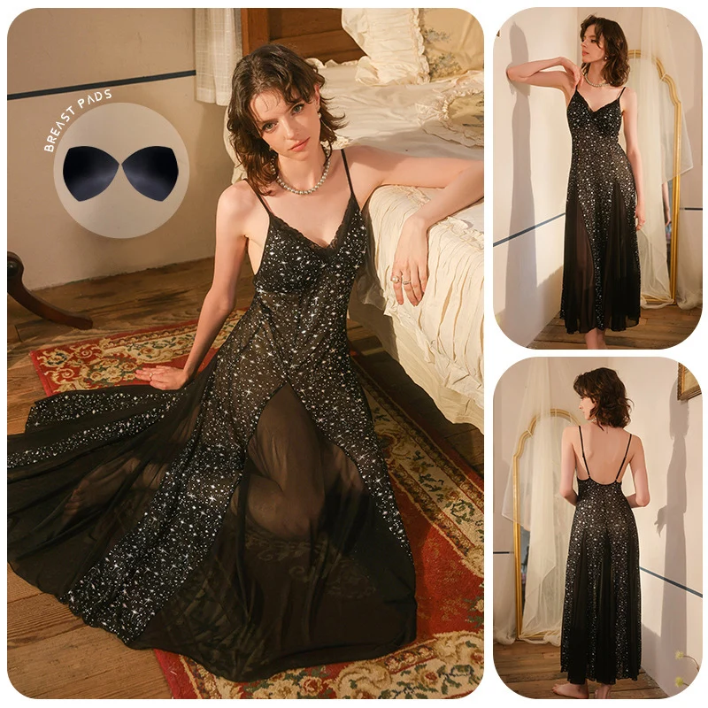 

Ночная рубашка со звездными пайетками для женщин, сексуальная сетчатая ночная рубашка с глубоким V-образным вырезом и открытой спиной, блестящая прозрачная подтяжка, домашняя одежда, длинное платье, пижамы
