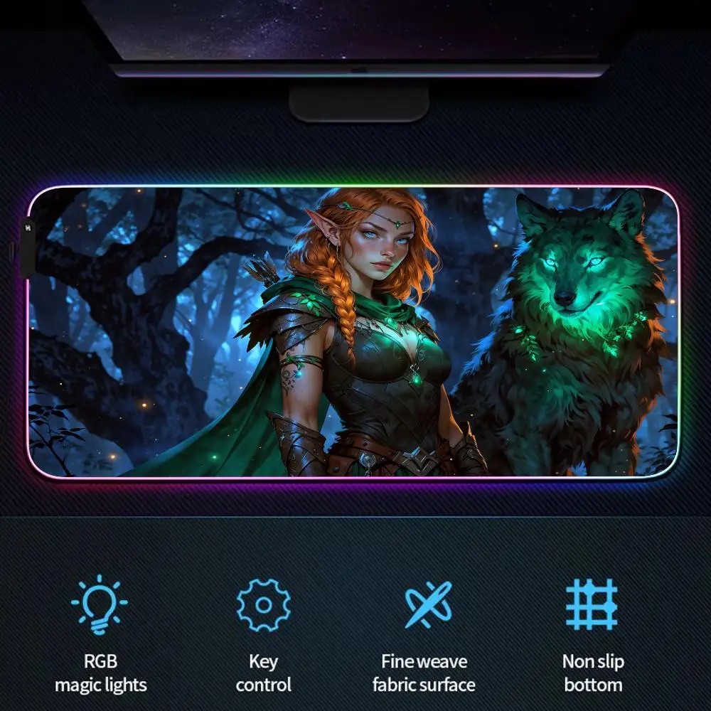 

Коврик для мыши RGB «Таинственный эльф и волк», игровой коврик, резиновый противоскользящий настольный коврик со светодиодной подсветкой, игровая клавиатура, коврик для мыши, геймер, аксессуары для ПК