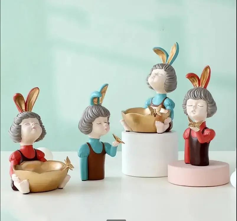 Rabbit Ears Girl Statue Crafts Storage Ornaments Box Organize Disk Desktop Furnishings Home Decoration Accessories