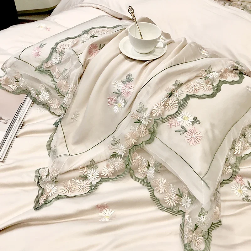 

Luxury Silky Sheet White Bedding Set Lace Embroider Sheet WomenBed Sheet Quilt Cover Duvet Cover Pillowcase Queen King Bed Set
