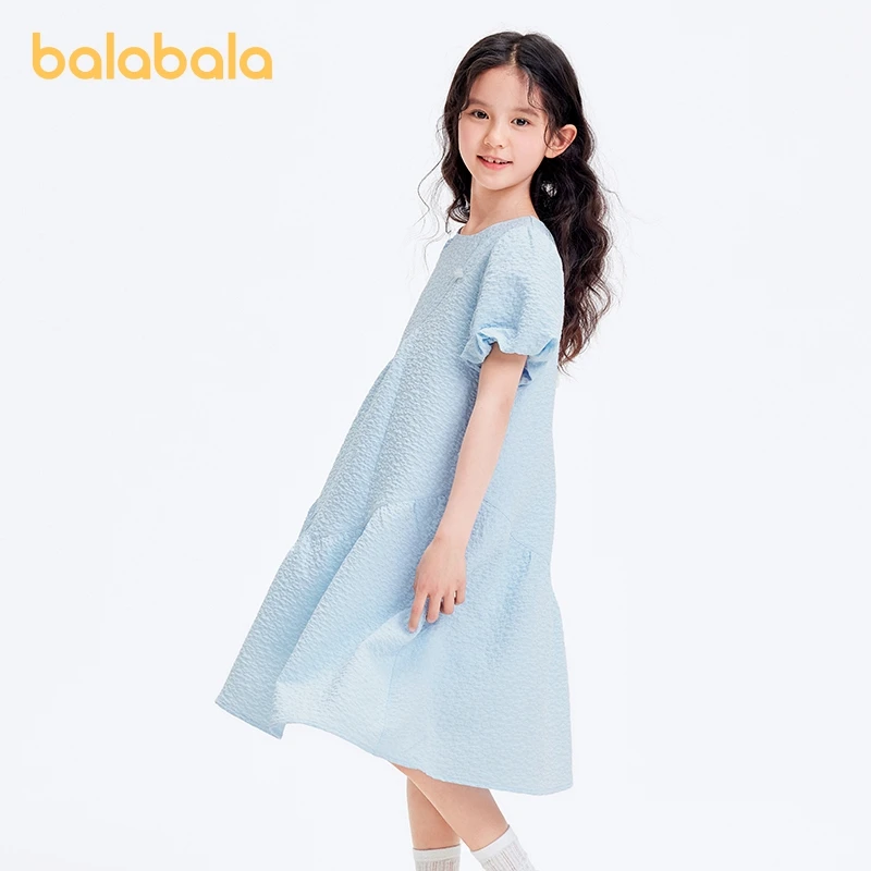 Balabala Children Wear Girls Dress 2024 Summer New Style Preteen Forest Series Sweet Dress Bubble Sleeves