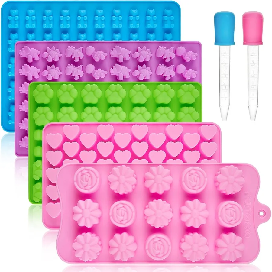 

Gummy Candy Molds with 2 Droppers Silicone Molds Ilude Bear Dinosaur Heart Flower Paw 5 Pcs 210 Cavities