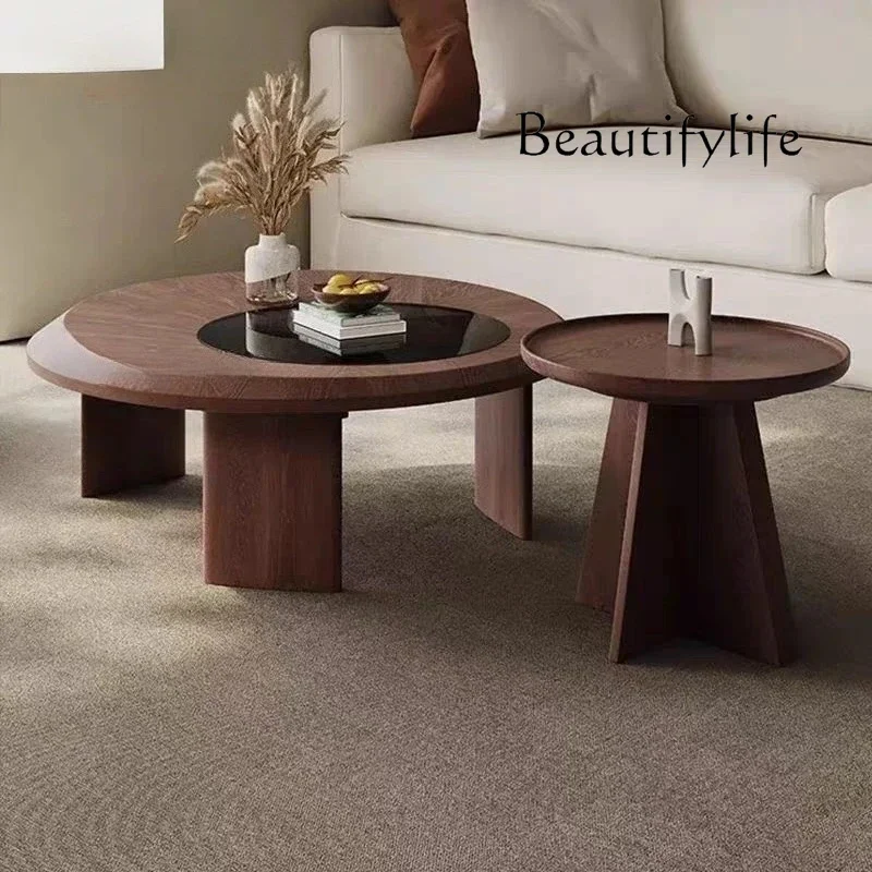 โต๊ะกาแฟไม้เนื้อแข็งสไตล์วินเทจพร้อมกระจกสำหรับห้องนั่งเล่น ดีไซน์วงกลมสองชั้นที่เป็นเอกลักษณ์ โต๊ะกาแฟทันสมัย