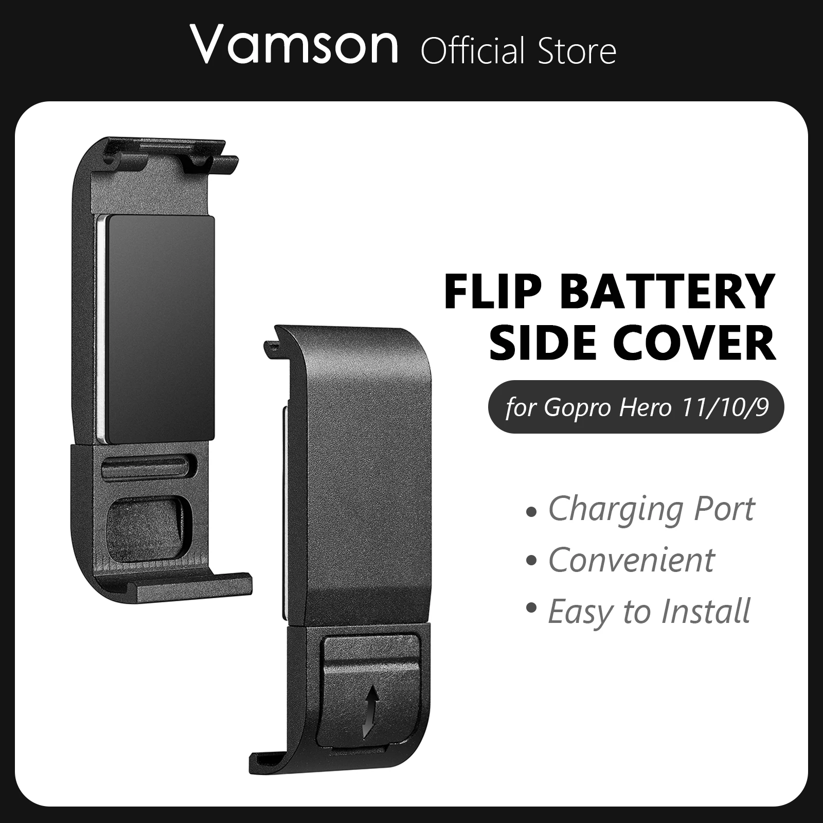 Vamson Flip Battery Side Cover for GoPro Hero 12 11 10 9 Removable Battery Door Lid Charging Case Port for Go Pro 12 Accessories