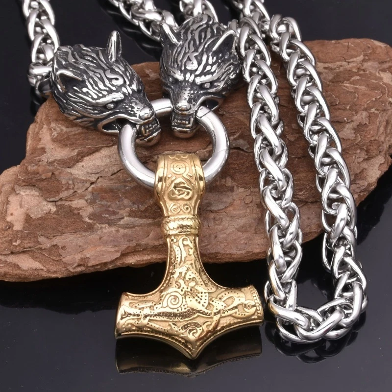 Never Fade Gold Color Odin Wolf Necklace Men Norse Thor Hammer Stainless Steel Self-defense Anchor Pendant Amulet Viking Jewelry view 4