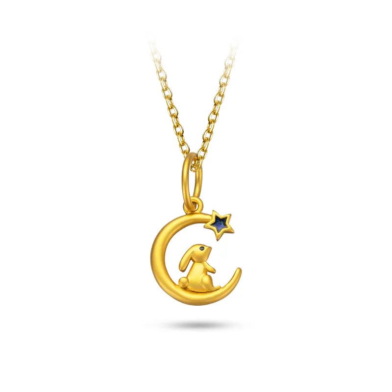 Little Moon Rabbit 18K Yellow Gold Pendants Necklace Lovely Soft Meifeng Student's Star Picking Jade Rabbit Collar Chain