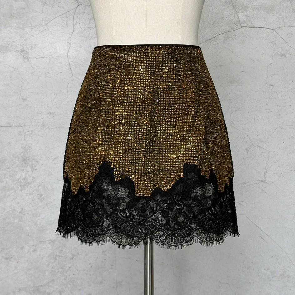 Women’s Chic Patchwork Sequin Skirt Hot Rhinestone Lace patchwork Short Skirt Sexy A-Line Vintage Streetwear Mini Skirts
