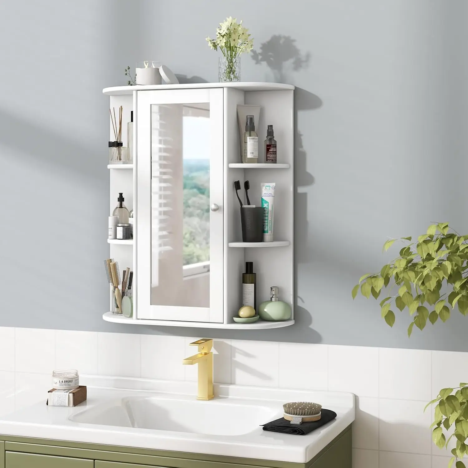  Bathroom Cabinet, Single Door Wall Mounted Bathroom Cabinet with Mirror (2 Tier Inner Shelves) NEW USA