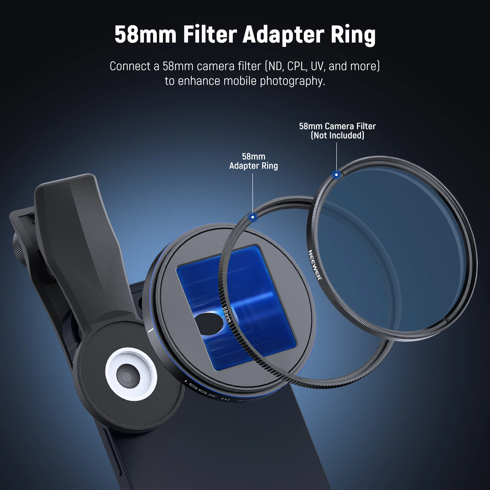 NEEWER Lente anamórfica azul 1.55x compatível com iPhone Android Samsung, acessórios para câmera de telefone com clipe de lente rosqueado de 17 mm