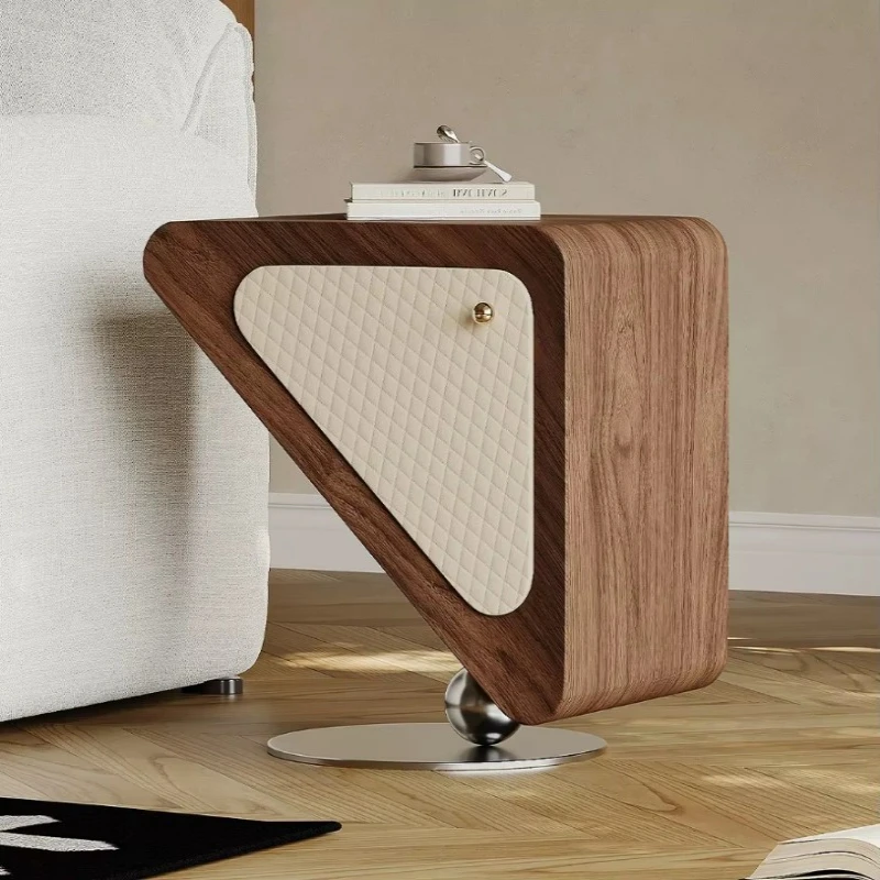 Wooden bedside table leather upholstered cabinet door triangular bedroom furniture with storage