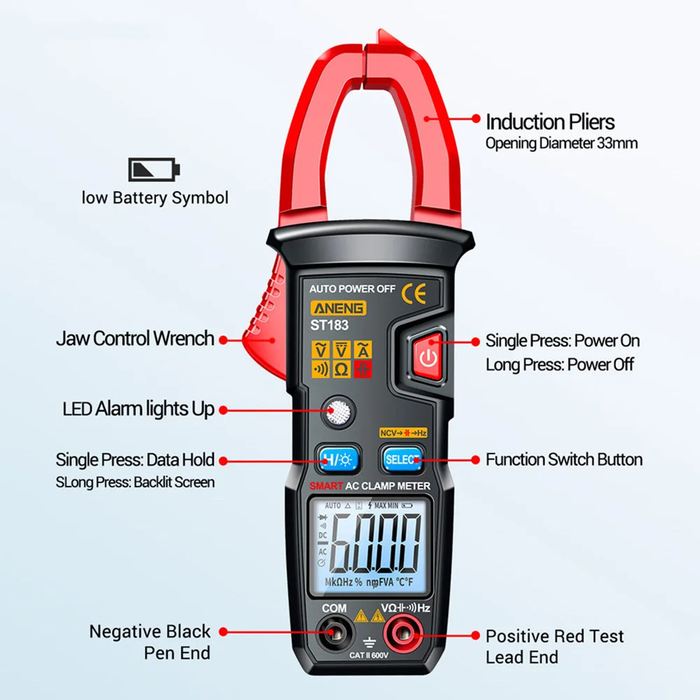 ST181 ST182 ST183 6000 Counts Digital Clamp Meter AC Current Multimeter Ammeter Voltage Tester Car Amp Hz Capacitance NCV Tool