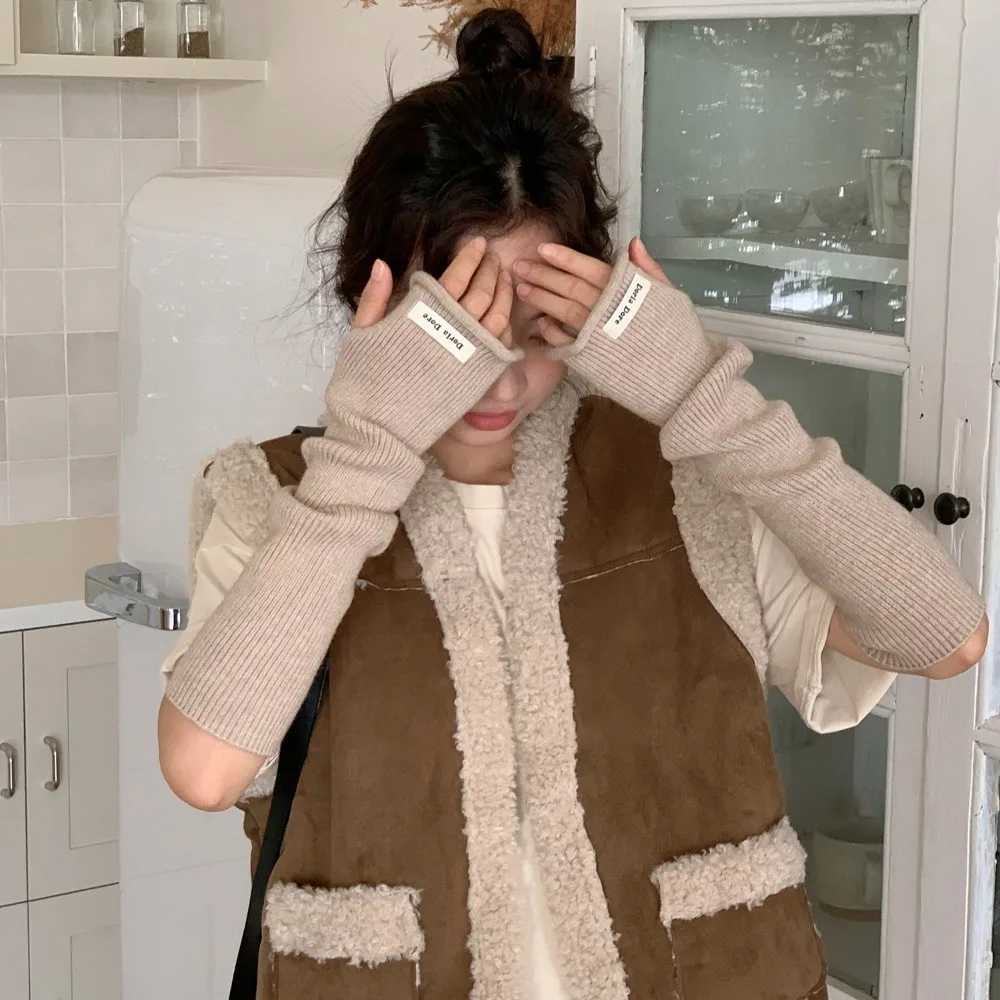 Mangas cálidas tejidas de estilo coreano, mangas largas sin dedos de Color sólido con agujeros, guantes de brazo de lana dulce Y2k, accesorios de ropa