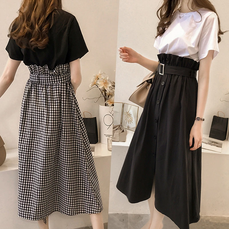 Slimming Fashionable plus Size Women's Dress Set Summer Clothes Trendy Young-looking Big Size Clothing Korean Style round Neck