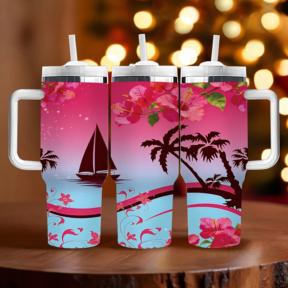 40Oz Insulated Tumbler with Handle, Tropical Floral Sailboat Palm Tree Print, Long-Lasting Heat Preservation, Perfect As Birthday And Holiday Gifts for Everyone, Suitable for Daily Use And Outdoor Travel