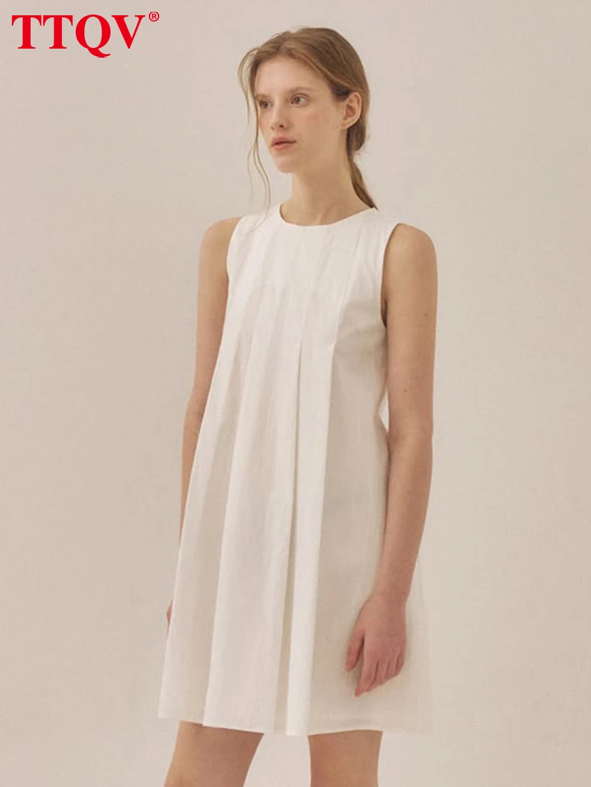

TTQV Fashion Loose White Cotton Women's Dress 2026 Summer O-Neck Sleeveless Mini Dresses Elegant Classic Solid Female Dress