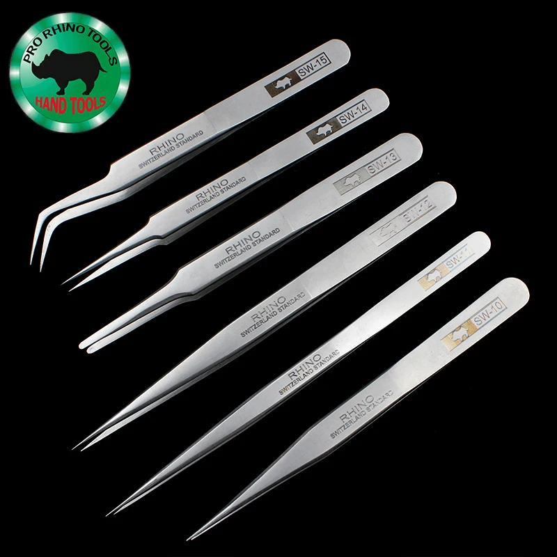 Original Japanese RHINO SW Series Frosted High-End Precision Tweezers High-Hard Anti-Magnetic Acid-Resistant Straight Elbow