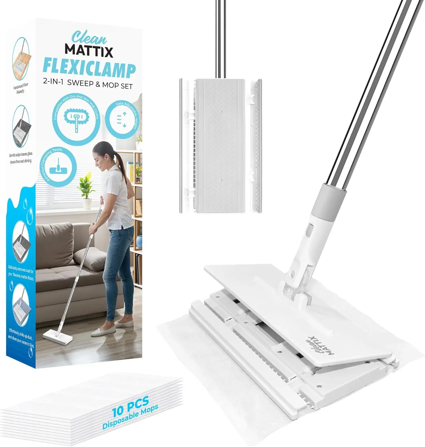 

Набор для уборки FlexiClamp Sweep & Mop с 10 сухими салфетками — прочный инструмент для чистки полов из твердых пород дерева, плитки, мрамора и ламината.