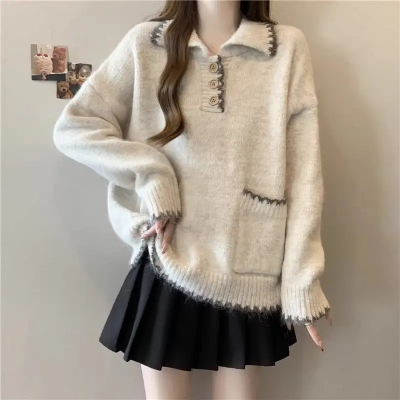 

Korean Solid Color Knitted Pullovers Autumn Winter Polo-Neck Button Female Clothing Casual Spliced Loose Long Sleeve Sweaters