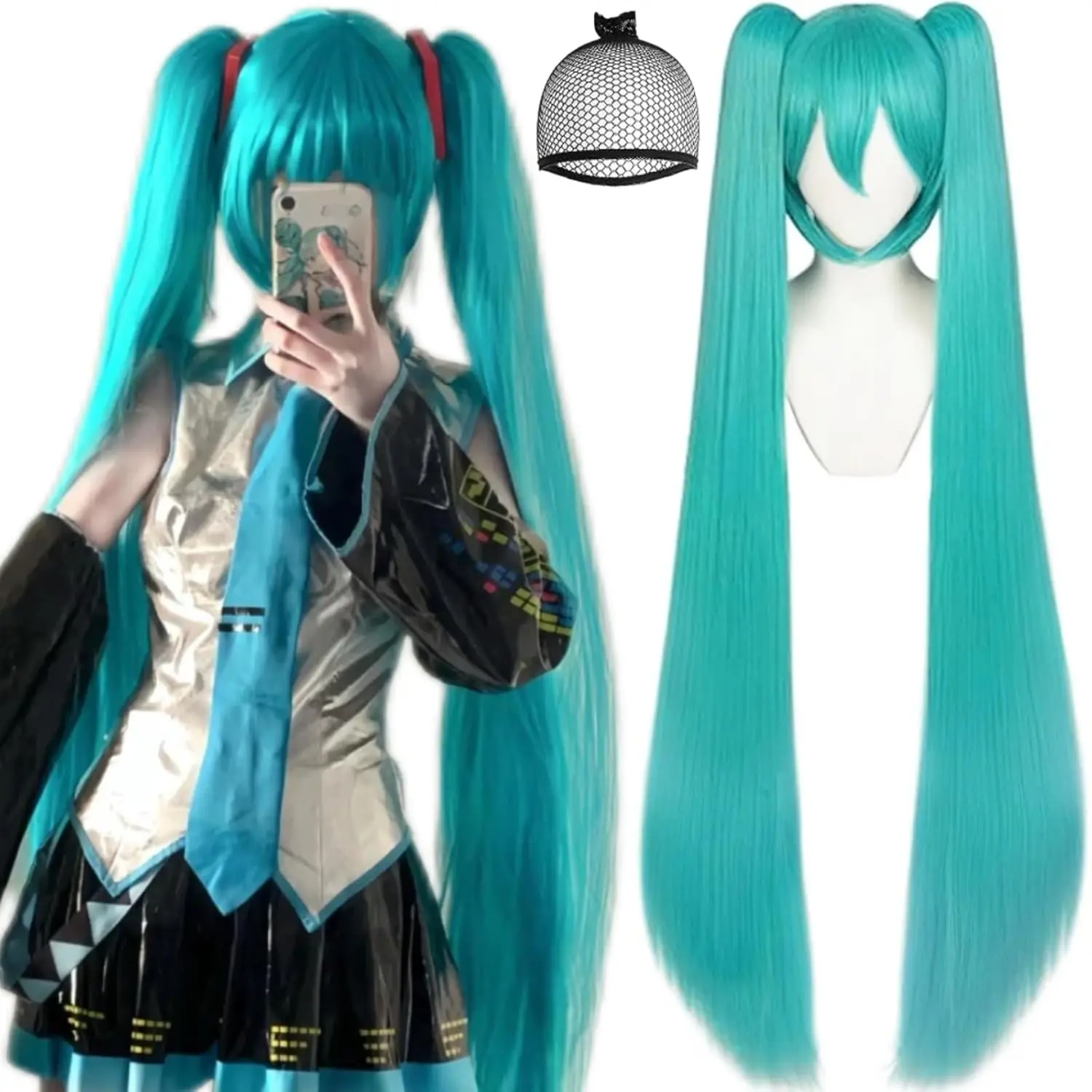 Synthetic Green Wigs +Hair Cap Long Greenish Wig with 2 Ponytails for Women Long Straight with Bangs for Cosplay