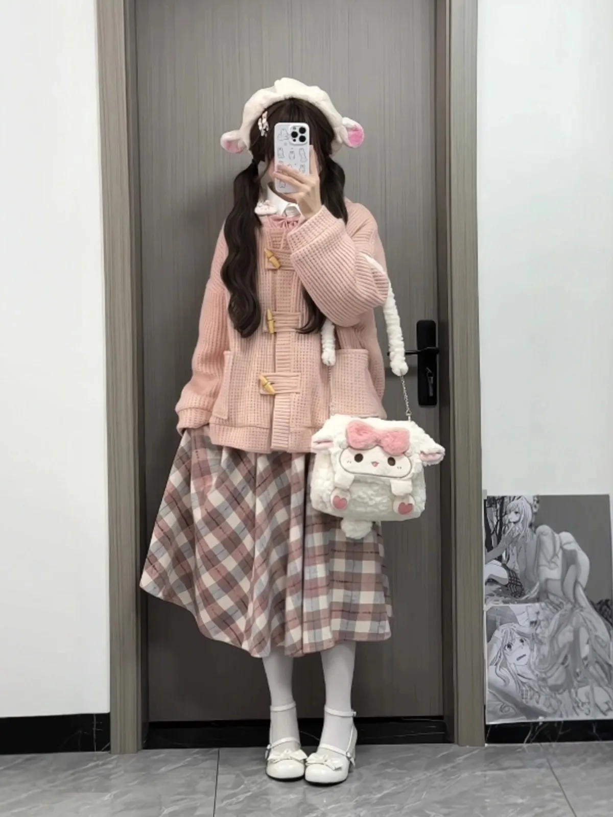 

Korean Sle Autumn Winter Plaid Skirt And Open Cardigan Coat Two Piece Set with Hat Trousers for Teenage Girls