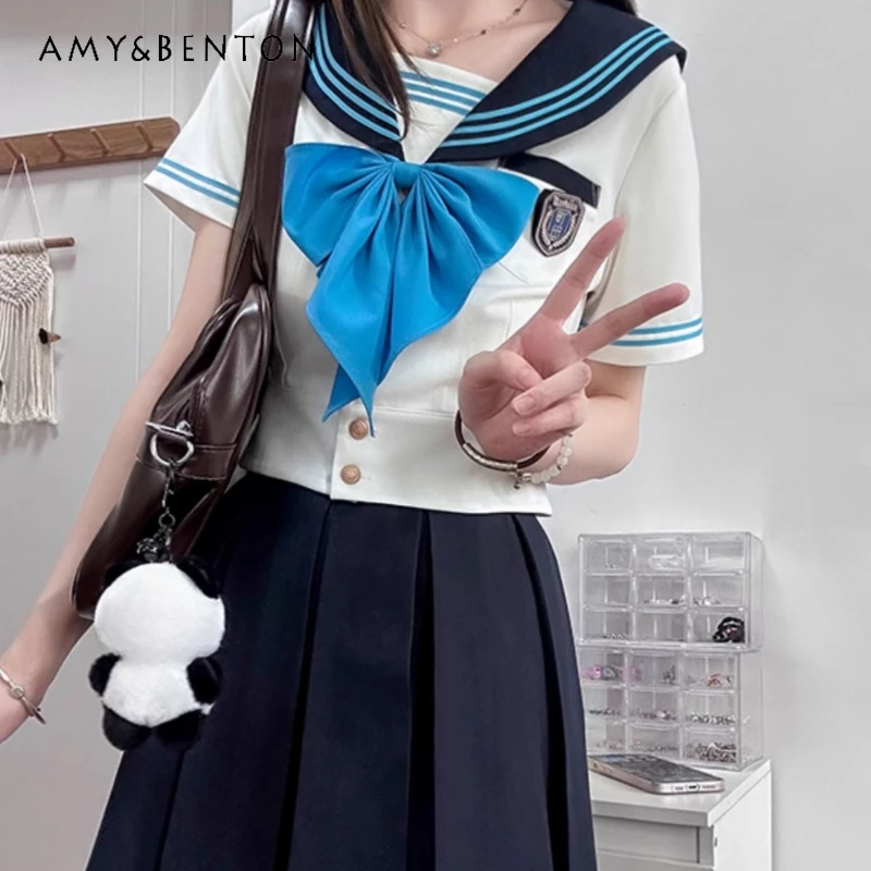 New Lolita JK Uniform Sailor Set Preppy Style Cute Waist Trimming Shirt And Mini Skirt Summer Color Matching Versatile Suit Girl