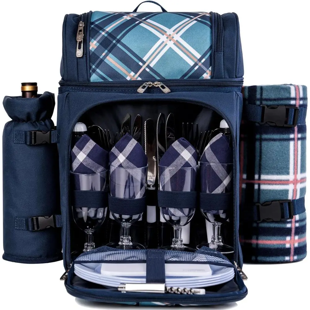 

Picnic Backpack Cooler for 4 with Insulated Compartments, Detachable Drink Holder, Blanket, Plates, and Cutlery - Ideal for Fami
