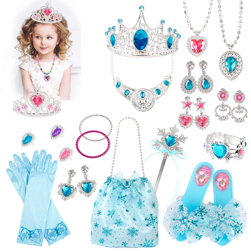 Girl Princess Play Home Jewelry Beautiful Magic Wand Crystal Shoes Crown Necklace Ring Bag Set DIY Dress Up Toy Birthday Gifts