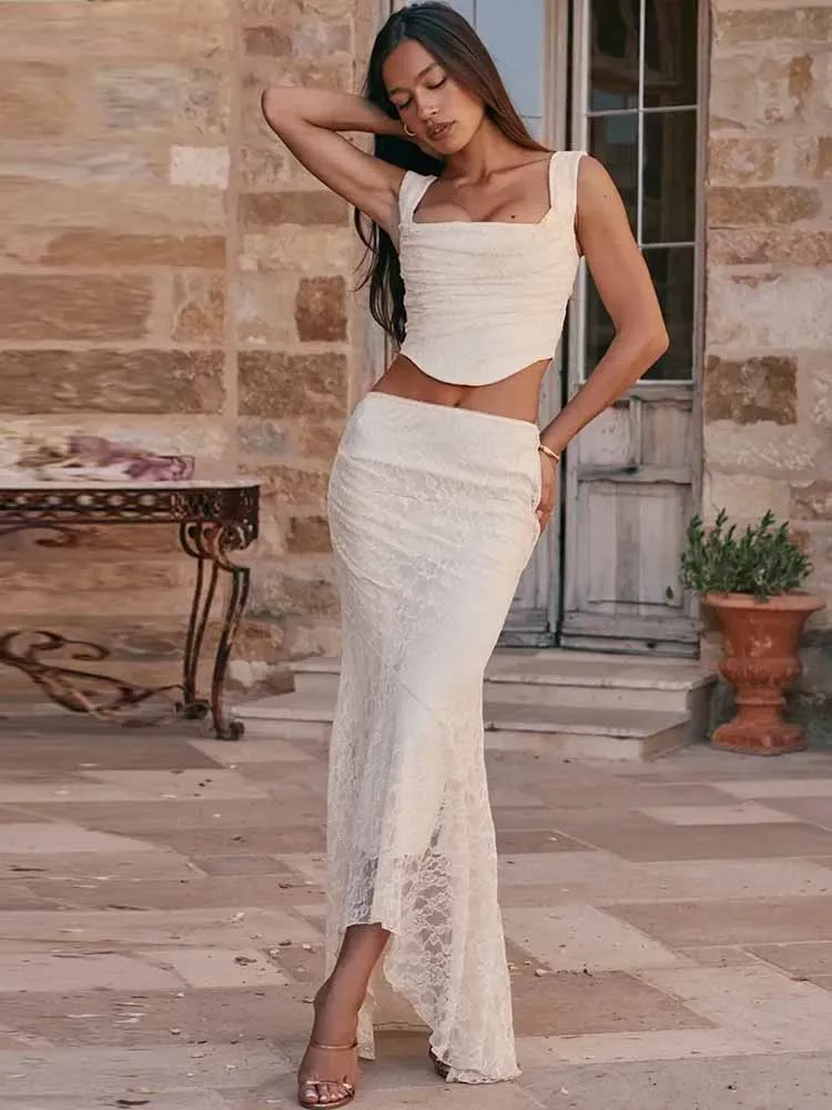 

MCDV Сексуальный кружевной комплект из двух предметов с цветочным принтом, женский корсет на шнуровке с открытой спиной, элегантная макси-юбка нестандартной формы, облегающая вечерние наряды Y2k