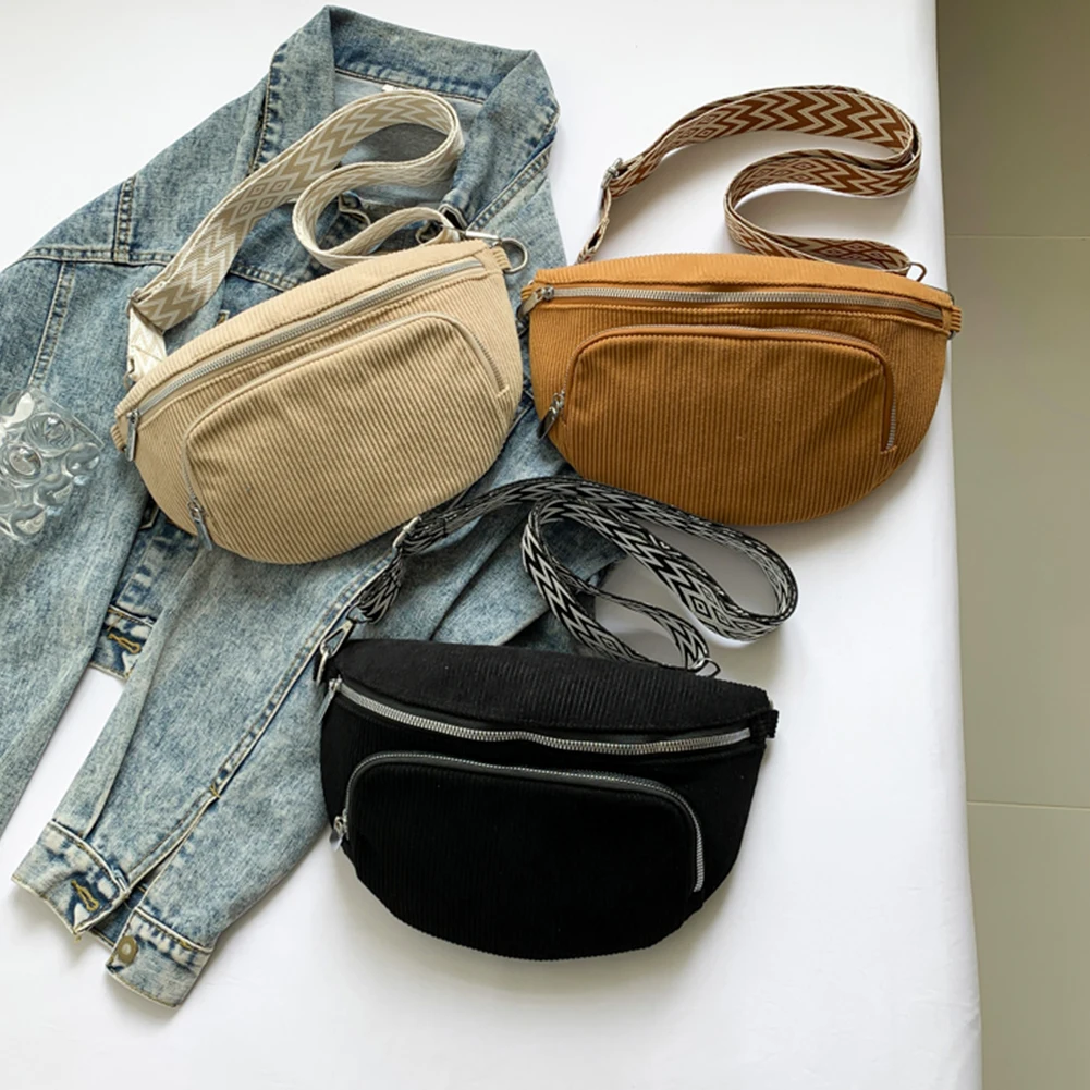 

Corduroy Chest Bag Fashion Fanny Pack Wide Guitar Strap Vintage Shoulder Bag Multi-pockets Casual Waist Bag Casual Sports Bag