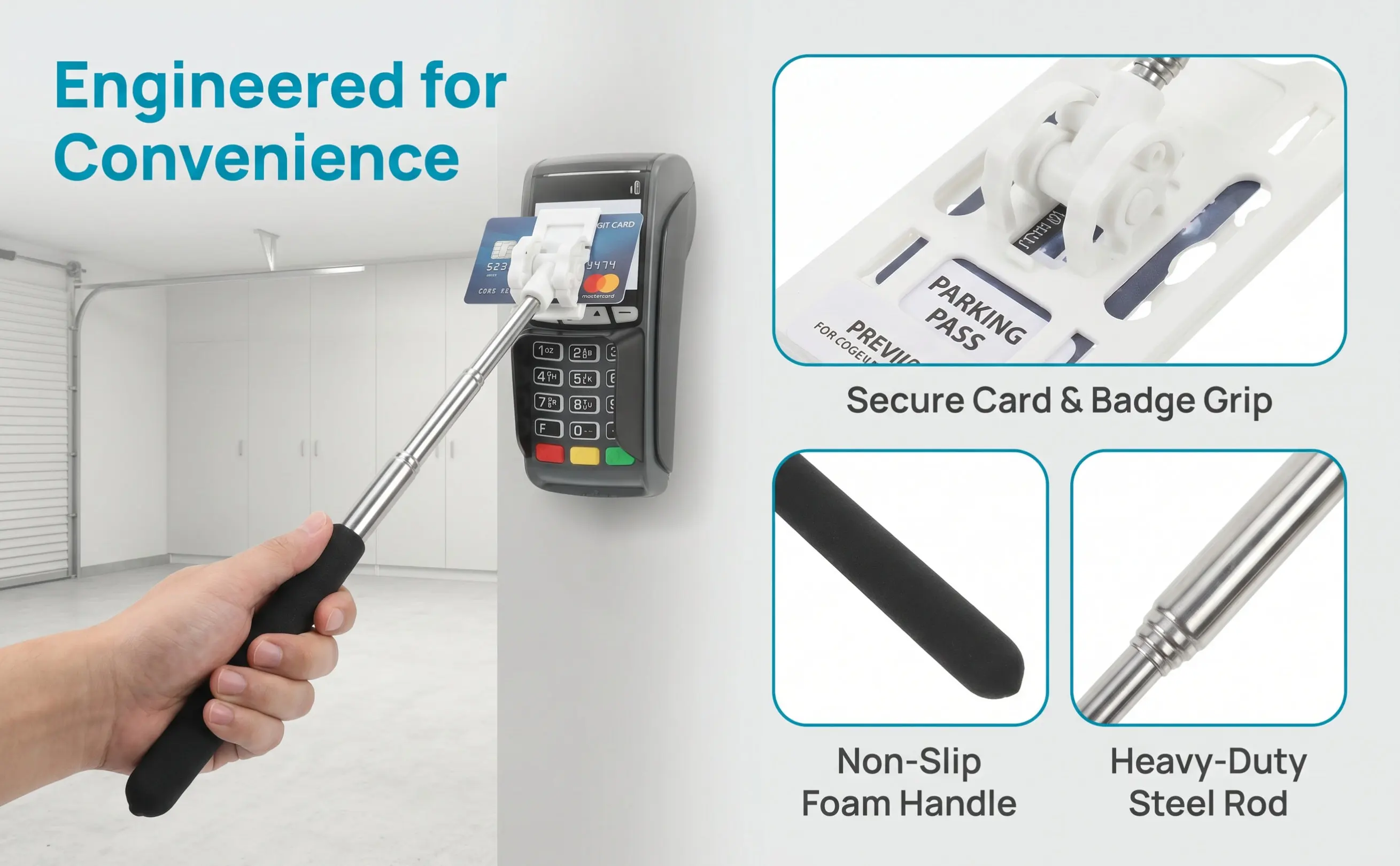 Parking Toll Swiping Rod Telescopic ABS Stainless Steel Card Holder Contactless Parking Tool White Vehicle Swiping Stick