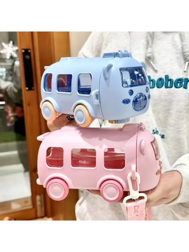 Cartoon Bus Straw Cup Cute Large Capacity Outdoors Car Water Cup Children Drinkware Bounce Straw Kettle