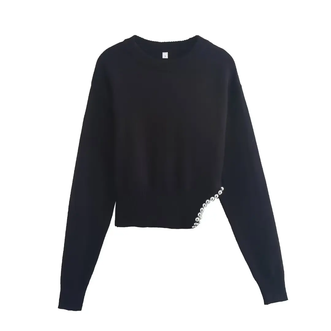 

TRAFZA Autumn Winter Female Casual Solid O-neck Beaded Decoration Knitted Pullover Women's Long Sleeve Versatile Sweater Mujer