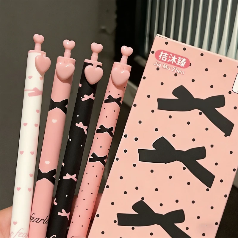 4 unids/set de bolígrafos de Gel con lazo de corazón Kawaii, bolígrafo de escritura de tinta negra de 0,5mm, bolígrafo de Gel de prensa, papelería estética, suministros escolares y de oficina