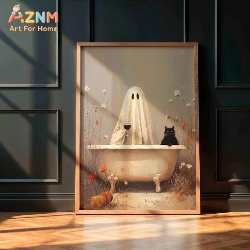 Adorable Ghost Black Cat in Bathtub, Wildflowers and Pumpkins Gothic, Halloween Unframed Canvas Poster for Autumn Home Wall Deco