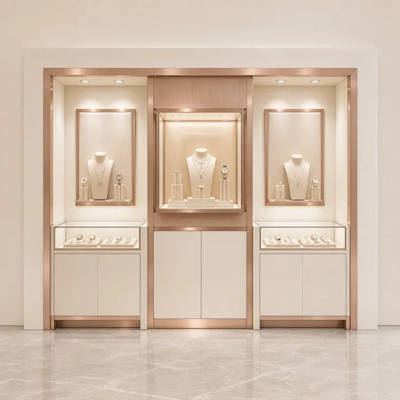 custom.White Jewelry Watch Display Wall, Brushed Bronze Frame, Fluted Wall Niche, Glass Display, Storage Cabinet & LE