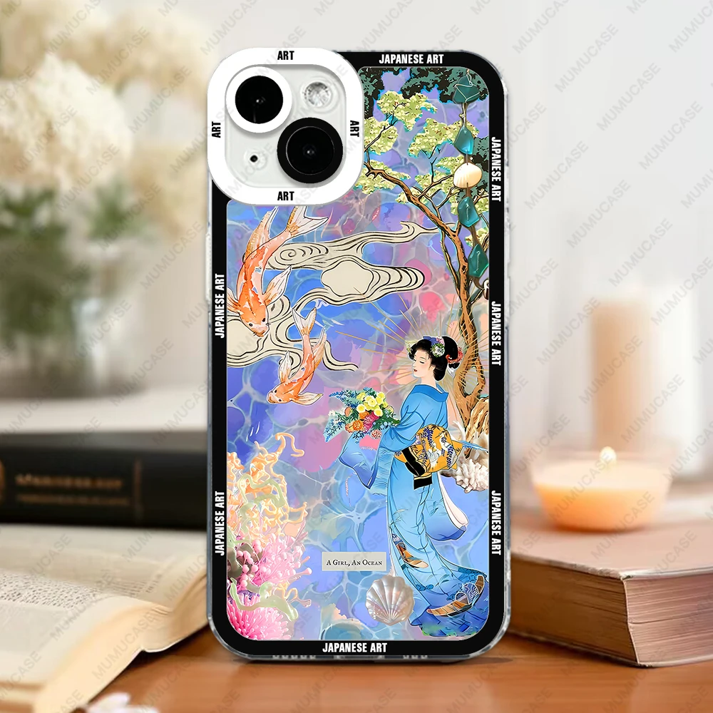 Phone Case For iPhone 15 14 13 Pro Max 12 Mini 11 XS X XR SE 7 8 Plus Soft Cover Japanese Art Stickers