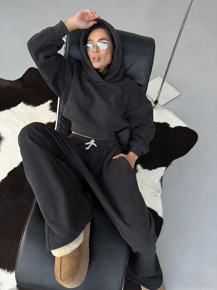 Spring Autumn Straight Pants Jumper Suit Women Long Sleeves Hooded Top+high Waist Drawstring Wide Leg Pants Female Two Piece Set