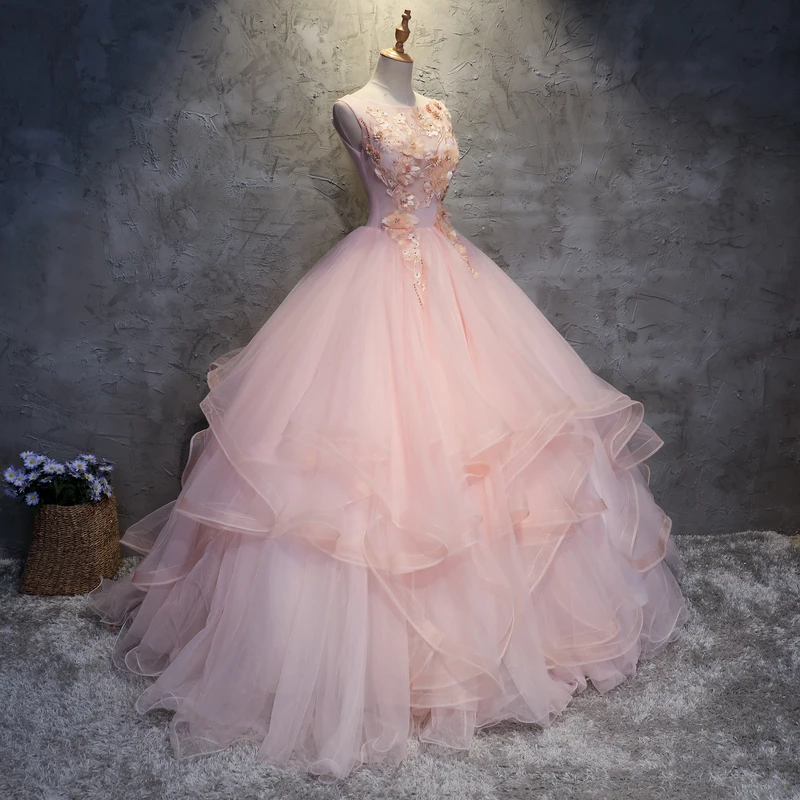 2022 neue Rosa Quinceanera Kleider O Neck Sleeveless Partei Prom Kleid Einfache Blume Prinzessin Ballkleid Plus Größe Nach Maß