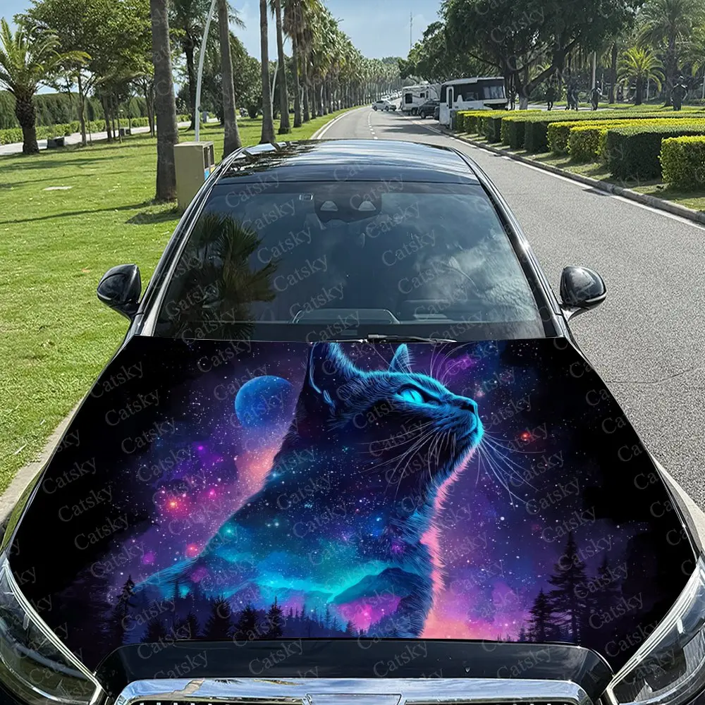 Nebula Spirit Cat Car Vinyl Wrap, PVC Material Waterproof Car Hood Sticker, Self-Adhesive Scratch-Resistant Stickers for Engine