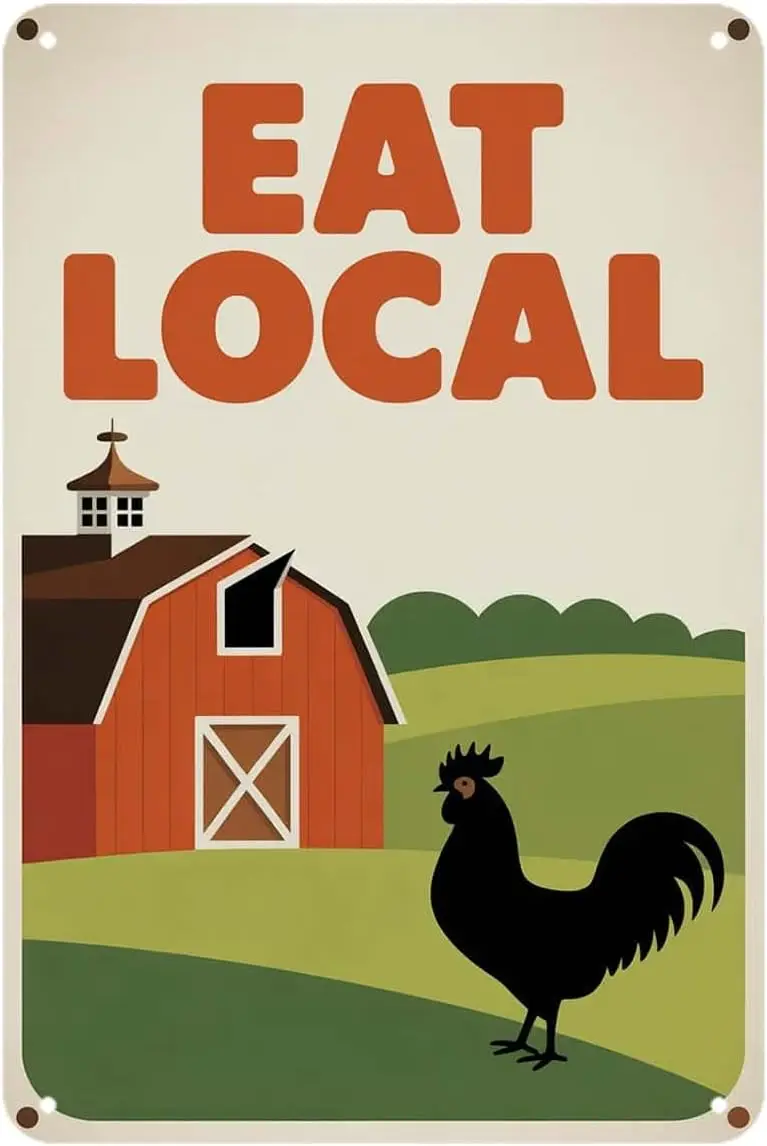 Eat Local Farmhouse Chicken Barn Tin Sign Rustic Countryside Style Vintage Metal Signs Wall Decor for Kitchen Bar Cafe Bedroom H