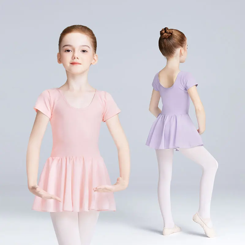Girls Ballet Dress with Lining Toddlers Kids Leotard Dress Gymnastic Leotard With Skirt Short Sleeves Dance Dress Closed Crotch