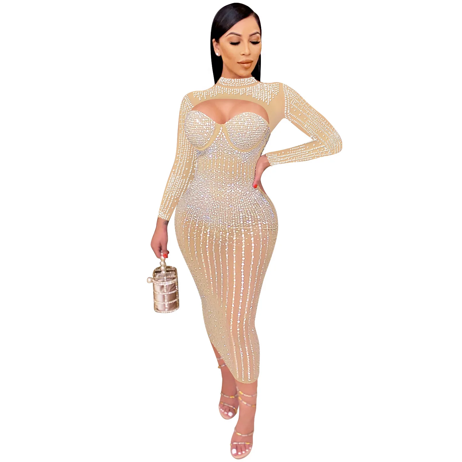 EINY y2k Frauen Mesh sehen durch Diamanten heiße Strass steine Langarm Mesh sehen durch Ausschnitt Bodycon Midi Kleid sexy Party kleider